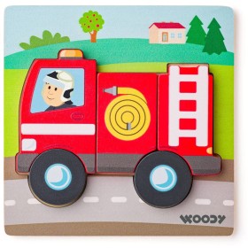 WOODY DŘEVO Baby vkládací puzzle auto hasiči skládačka 5 dílků na desce