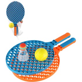 Soft líný tenis / badminton set 2 barevné pálky s míčkem a košíčkem 2v1