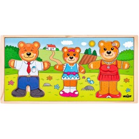 WOODY DŘEVO Šatní skříň Medvědí rodinka vkládací puzzle 54 dílků v boxu