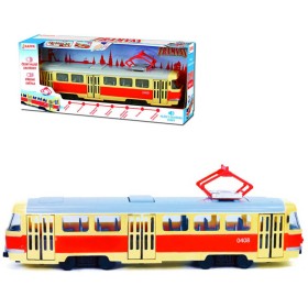 Tramvaj MHD 28cm česky hlásí zastávky funkční dveře na baterie Světlo Zvuk CZ