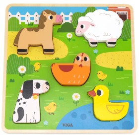 VIGA DŘEVO Vkládačka Zvířátka farma puzzle vkládací na desce 5 dílků