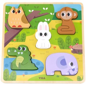VIGA DŘEVO Vkládačka Divoká zvířátka puzzle vkládací na desce 5 dílků
