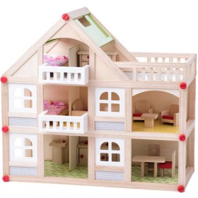 WOODY DŘEVO Domeček s balkónem set se 4 panenkami a doplňky 2 patra